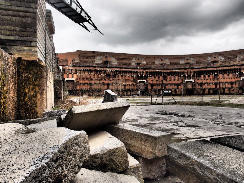 Nuremberg, Germany - 2015, April 2: Dramatic view inside the rubble in the court yard of the former Nazi Party congress building. Nuremberg, Germany - 2015, April 2: Dramatic view inside the rubble in the court yard of the former Nazi Party congress building.