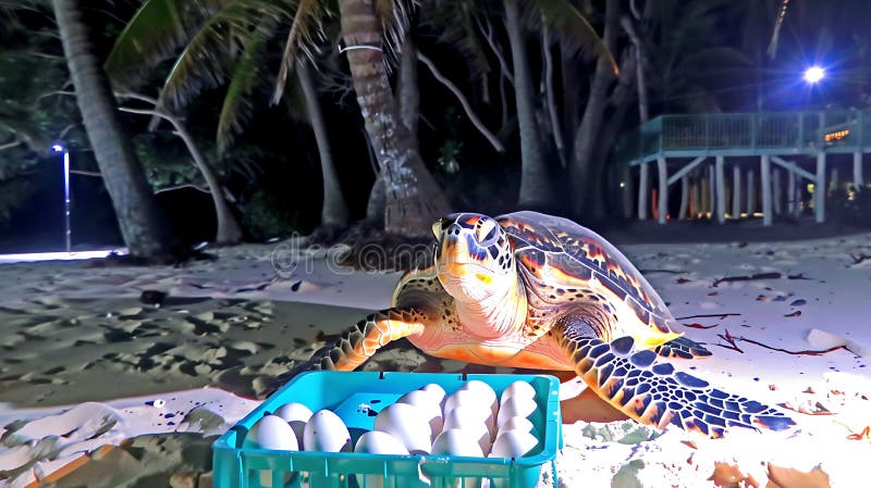 Rubrik Majestic Hawksbill Sea Turtle NTEST PÅ Sandy Beach at Golden Hour Lutvärg Eggs royaltyfri bild