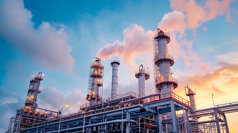 Rubrik Majestic Industrial Refinery in Sunset : Olje- och gasbearbetningsanläggning med belysning på arkivfoto
