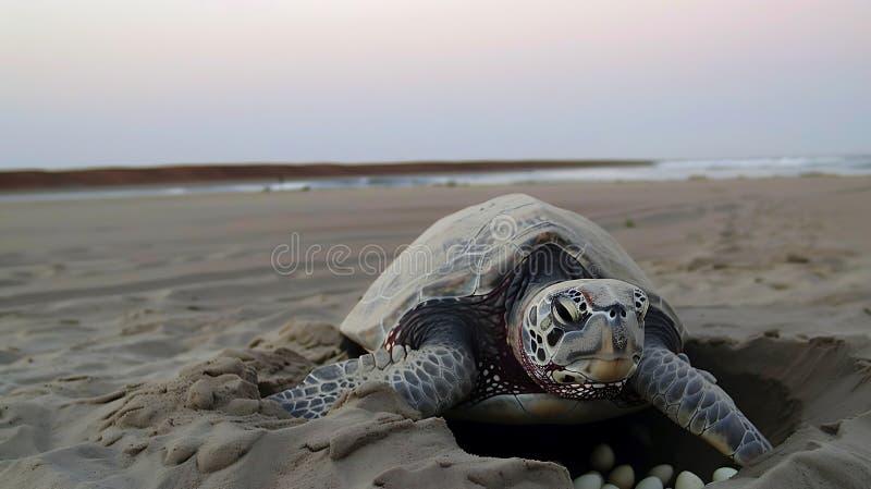 Rubrik Majestic Sea Turtle Nests on Sandy Beach at Sunrise Lutvärg Eggs fotografering för bildbyråer