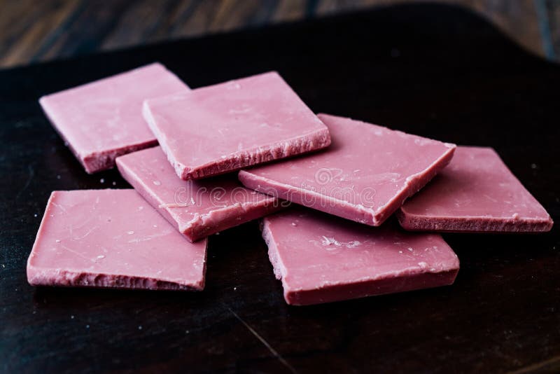Ruby Chocolate Pieces. New Type of Processing Cocoa Beans. Sweet Snacks