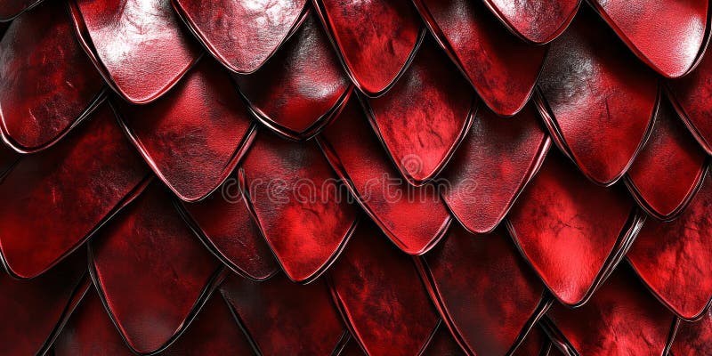Ruby red metal texture of dragon scales, with sharp, angular edges that create a jagged, fiery stock image