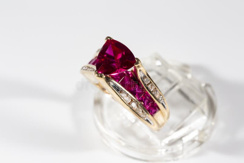 Ruby Ring Surrounded by Diamonds,Trillion Cut, Yellow Gold Ring Stock