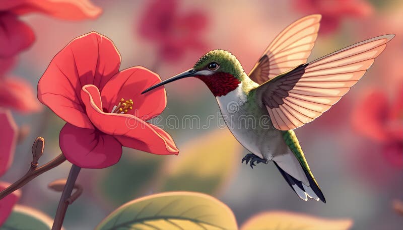Ruby Throated Hummingbird che dà da mangiare a Red Flower Pixel Art Illustrazione. Un quadro digitale vivace di un colibrì in volo che si nutre delicatamente di un grande fiore rosso brillante. Le piume verdi e rosse iridescenti sono incredibilmente dettagliate e i petali di fiori sono morbidi e leggermente sfocati creando un senso di profondità e di movimento. L'illuminazione a caldo migliora la sensazione generale di serenità e