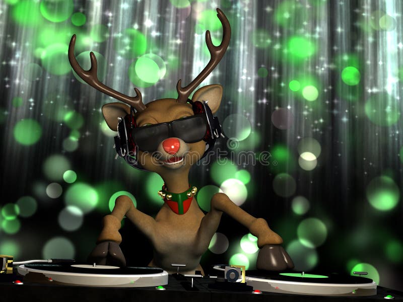 Santa's main reindeer Rudy's in Da House and mixing up some Christmas cheer. Turntables with vinyl albums. And disco lights in the background. Santa's main reindeer Rudy's in Da House and mixing up some Christmas cheer. Turntables with vinyl albums. And disco lights in the background.