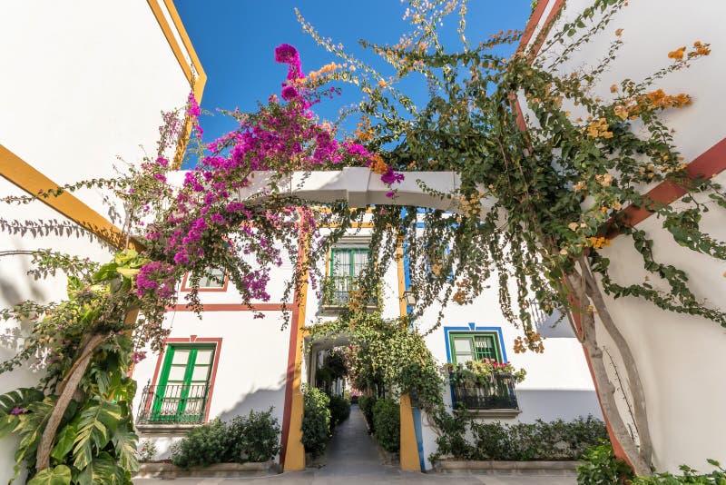 Rue luxuriante colorée dans Puerto de Mogan photographie stock Rue luxuriante colorée dans Puerto de Mogan photographie stock