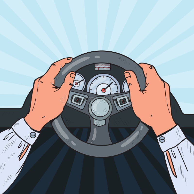 Pop Art Man Hands Steering Car Wheel. Safe Driving. Vector illustration. Pop Art Man Hands Steering Car Wheel. Safe Driving. Vector illustration