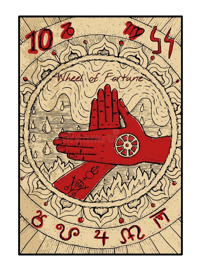 Rueda de la fortuna La carta de tarot ilustración del vector Rueda de la fortuna La carta de tarot ilustración del vector