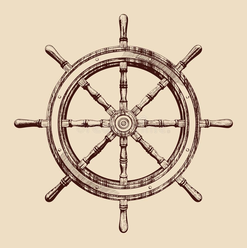 Ship steering wheel vintage vector illustration. Ship steering wheel vintage vector illustration