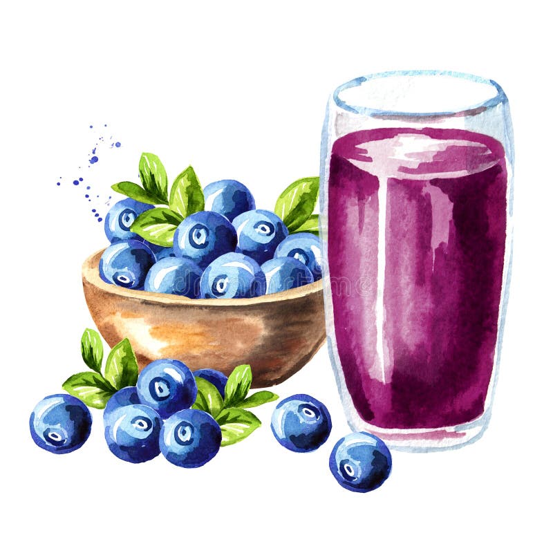 Ruede con los arándanos y el vidrio maduros de jugo del arándano Ejemplo dibujado mano de la acuarela, aislado en el fondo blanco libre illustration Ruede con los arándanos y el vidrio maduros de jugo del arándano Ejemplo dibujado mano de la acuarela, aislado en el fondo blanco libre illustration