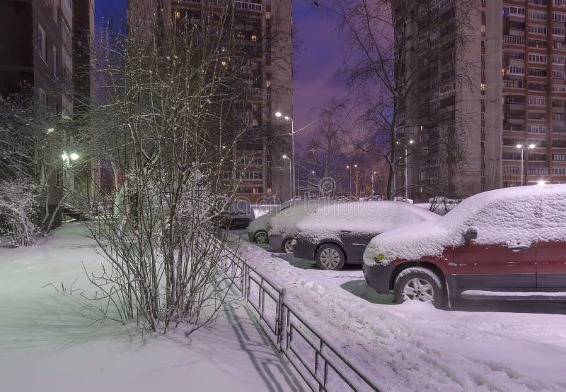 Rybatskoe, St. Petersburg. Russia. December 2, 2019. City streets and park after heavy snowfall at night. Rybatskoe, St. Petersburg. Russia. December 2, 2019. City streets and park after heavy snowfall at night