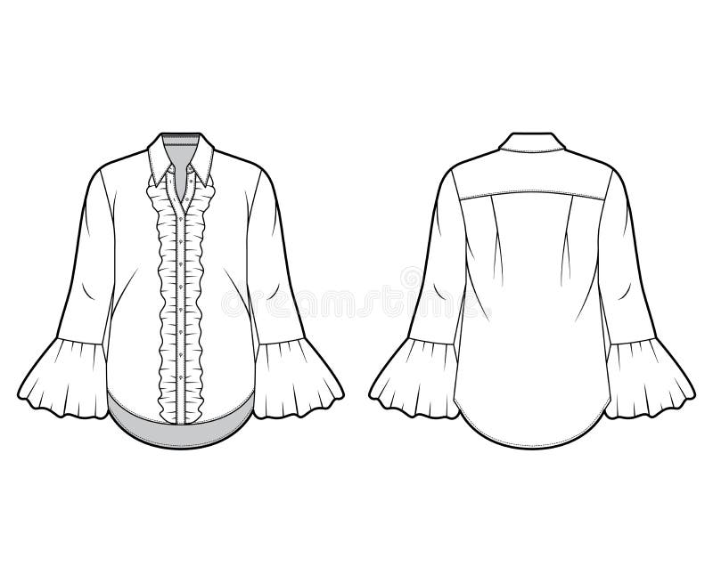 Ruffled Shirt Technical Fashion Illustration with Sharp Collar ...