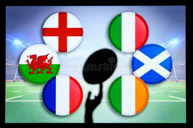 Rugby ball silhouette in hand. Flags of Six Nations, England, Wales, France, Italy, Ireland, Scotland.
