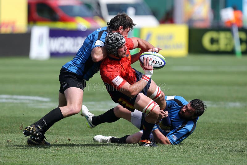 Rugby players fighting for ball during the match between Emerging Italy and Spain, World Rugby Nation Cup.