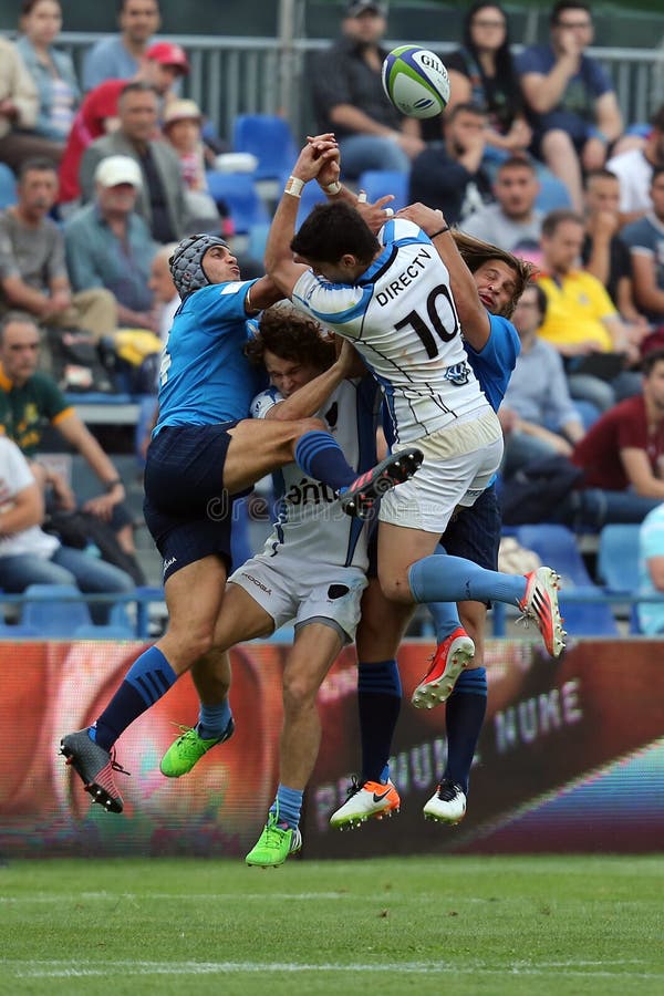 Rugby players fighting for ball during the match between Emerging Italy and Uruguay, World Rugby Nation Cup.