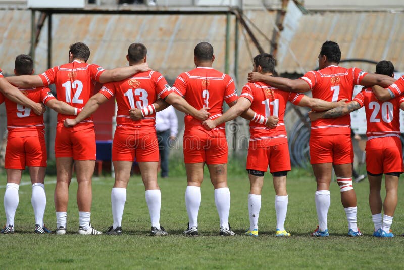 Rugby players showing team spirit before the game between Dinamo Bucharest and FCM Baia Mare in the Romanian Rugby National Championship. Rugby players showing team spirit before the game between Dinamo Bucharest and FCM Baia Mare in the Romanian Rugby National Championship.