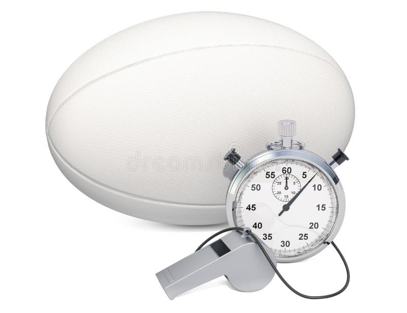Rugbybal met fluitje en chronometer, het 3D teruggeven royalty-vrije illustratie Rugbybal met fluitje en chronometer, het 3D teruggeven royalty-vrije illustratie