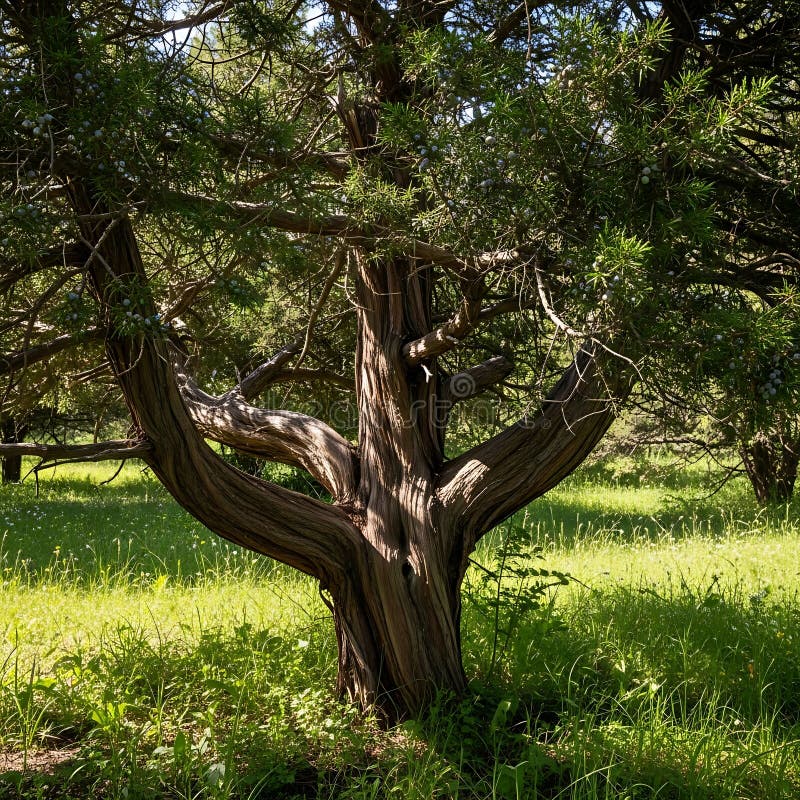 Gnarly ancient juniper tree trunk with spreading branches stands tall in sunlit field stock images