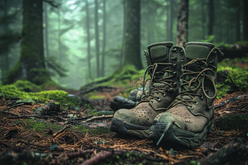 Rugged Army boots dirty forest. White combat. Generate Ai AI generated. Rugged Army boots dirty forest. White combat. Generate Ai AI generated