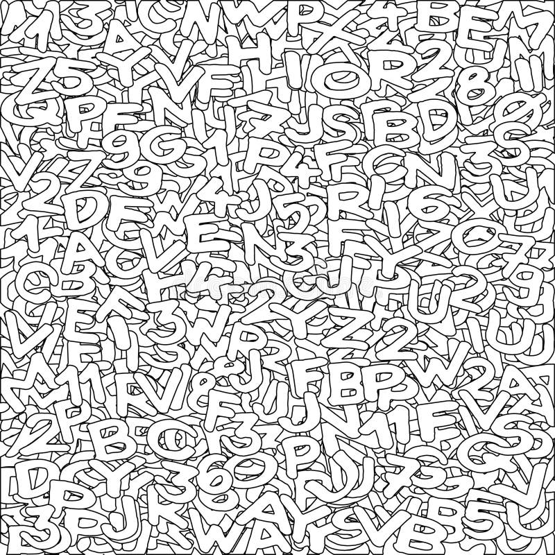 Freehand scribbled letters and numeraÃ©s based overlapping pattern vector illustration