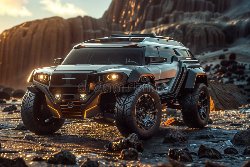 Rugged and Advanced Futuristic Concept SUV in Fantastical Sci-Fi Landscape stock illustration