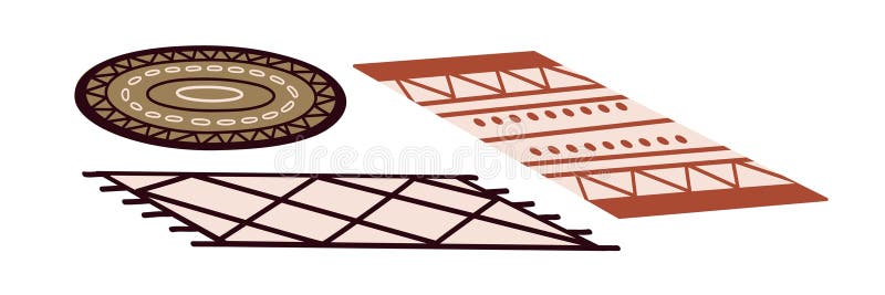 Rugs, small carpets in circle and rectangle shapes, geometric patterns. Round and rectangular mats, home interior royalty free illustration
