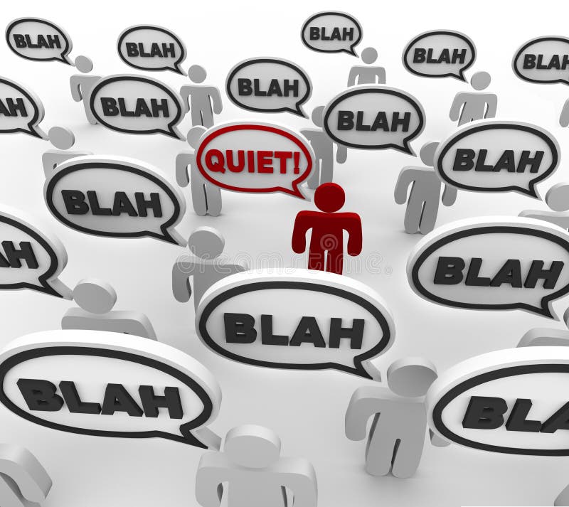 A crowd of people in disorganized communication, with one person yelling Quiet!. A crowd of people in disorganized communication, with one person yelling Quiet!