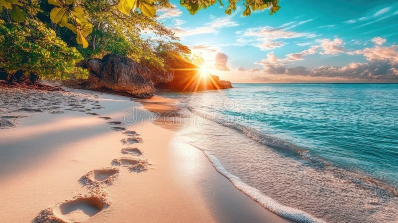 Ruhe und Erholung am ruhigen Sommerstrand mit endlosen Horizonten glitzernder Wasserspuren auf nassem Sand, geküsst von Sonnenlich lizenzfreie stockbilder