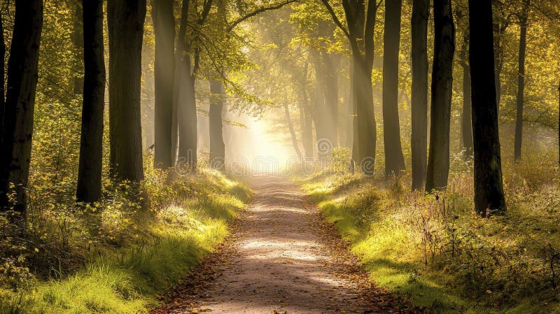 Ruhige Herbstwanderung, die sich durch einen unruhigen Wald und hohe Bäume zieht, um sich zu entspannen und die Aussicht zu genieß vektor abbildung