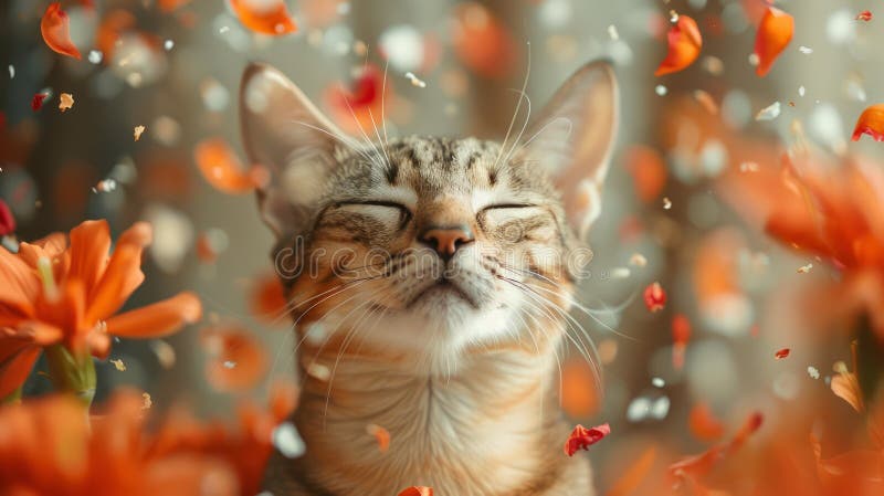 Ruhige Katze inmitten fallender Blätter und leuchtend orangefarbener Blumen in einem traumhaften Frühjahrsgarten lizenzfreie abbildung