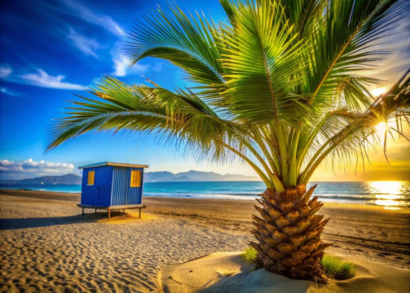 Friedliche Küstenlandschaft: Niedrige Palmen, azurblaue Hütte und glitzerndes Mittelmeer am Strand von Rincón de la Victoria vektor abbildung