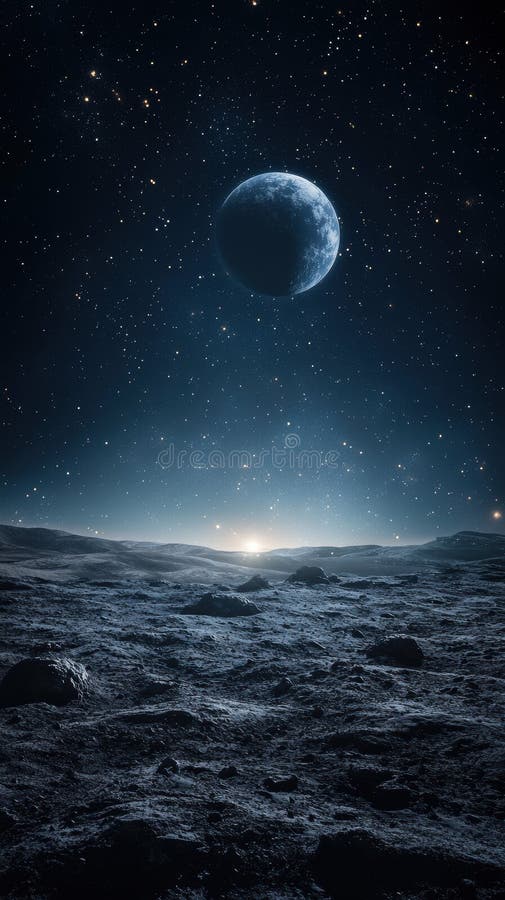 Ruhige Mondlandschaft unter Sternenhimmel mit Erde in Ferne sichtbar lizenzfreie stockfotos