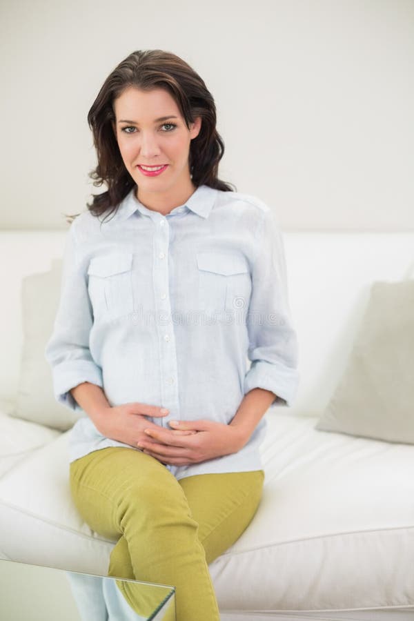 Ruhige schwangere braune behaarte Frau, die ihren Bauch hält lizenzfreie stockfotografie Ruhige schwangere braune behaarte Frau, die ihren Bauch hält lizenzfreie stockfotografie