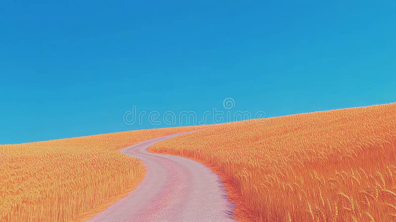 Ruhige Sommerlandschaft mit kurvenreicher Straße durch goldenes Weizenfeld unter blauem Himmel stockfotos