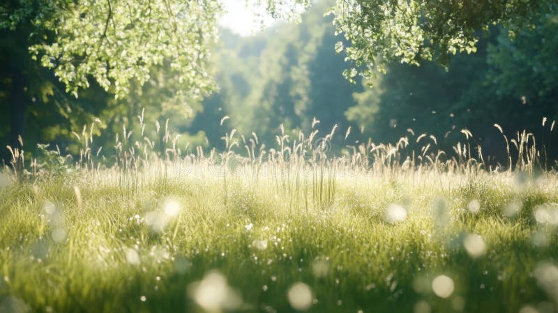 Ruhige Sommerwiese mit goldener Sonne und üppigen grünen Bäumen stockfotos