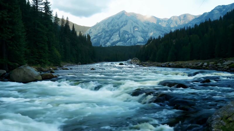 Ruhiger Fluss durch einen Wald mit atemberaubendem Bergblick im Hintergrund lizenzfreie abbildung