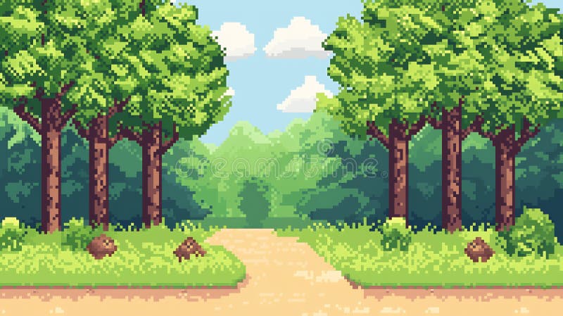 Ruhiger, pixeliger Waldweg, der durch üppige Waldlandschaft führt. generative Hilfe stock abbildung