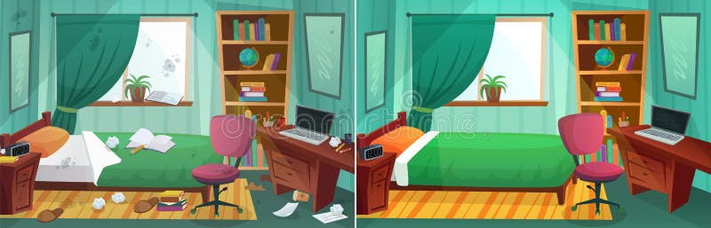 Ruimte voor en na de reiniging. vergelijking van rommelige slaapkamer en schone kinderslaapkamer. thuisgebruik na tij-service