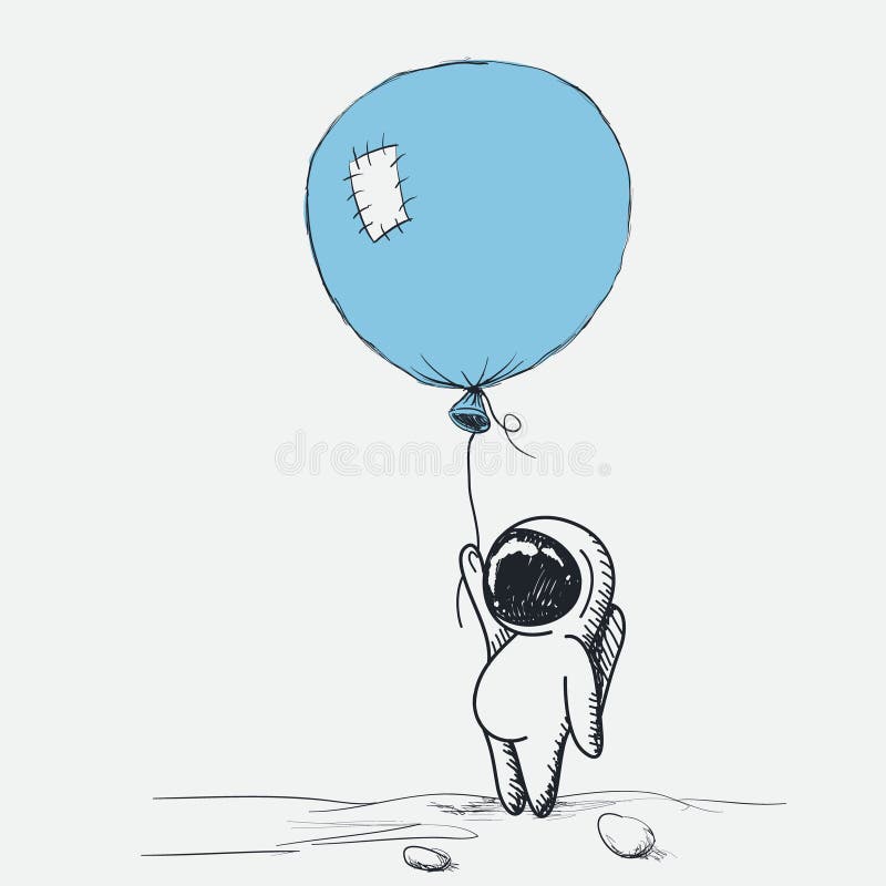 Space adventure of astronaut on the moon.Cute spaceman keeps a blue balloon.Childish hand drawn vector illustration. Space adventure of astronaut on the moon.Cute spaceman keeps a blue balloon.Childish hand drawn vector illustration