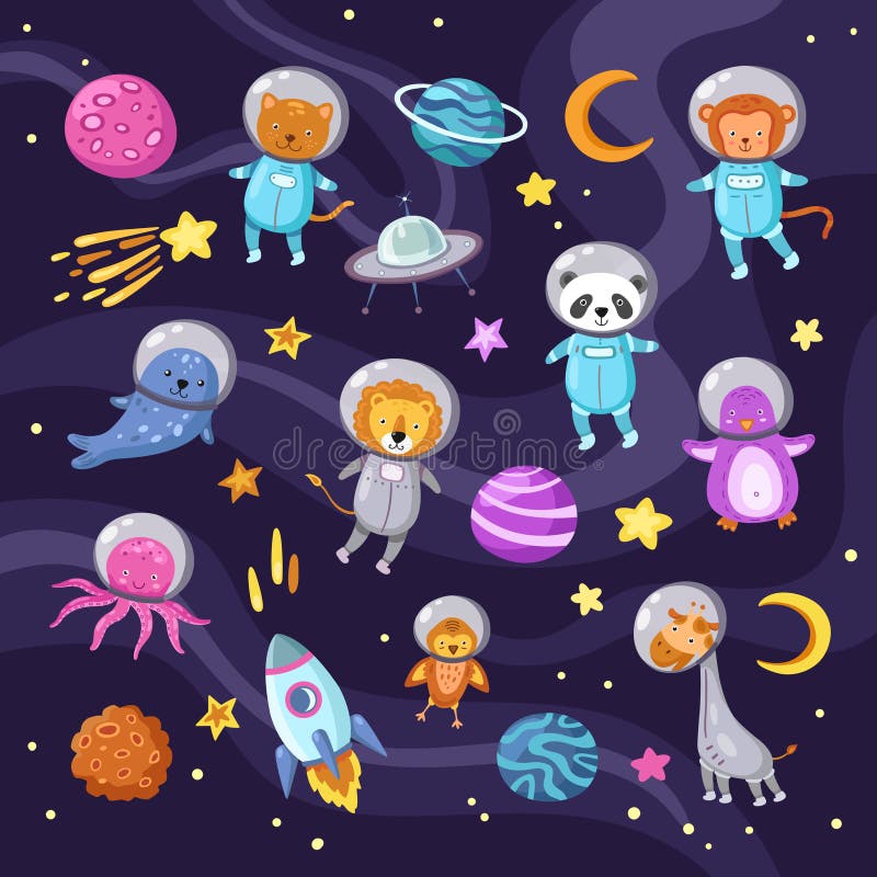 Space animals. Cute baby animal panda cat lion giraffe monkey octopus penguin astronauts flying kid pets cartoon science vector. Illustration of cosmonaut cat and lion, astronaut animal and spaceship. Space animals. Cute baby animal panda cat lion giraffe monkey octopus penguin astronauts flying kid pets cartoon science vector. Illustration of cosmonaut cat and lion, astronaut animal and spaceship