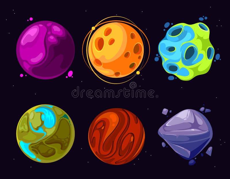 Ruimteplaneten, asteroïde, maan, fantastische vector het beeldverhaalpictogrammen van het wereldspel stock illustratie Ruimteplaneten, asteroïde, maan, fantastische vector het beeldverhaalpictogrammen van het wereldspel stock illustratie