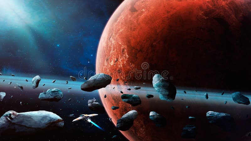 Ruimtescène Ruimteschipvlieg door asteroïde met de planeet van Mars op achtergrond Elementen door NASA worden geleverd die het 3d vector illustratie Ruimtescène Ruimteschipvlieg door asteroïde met de planeet van Mars op achtergrond Elementen door NASA worden geleverd die het 3d vector illustratie