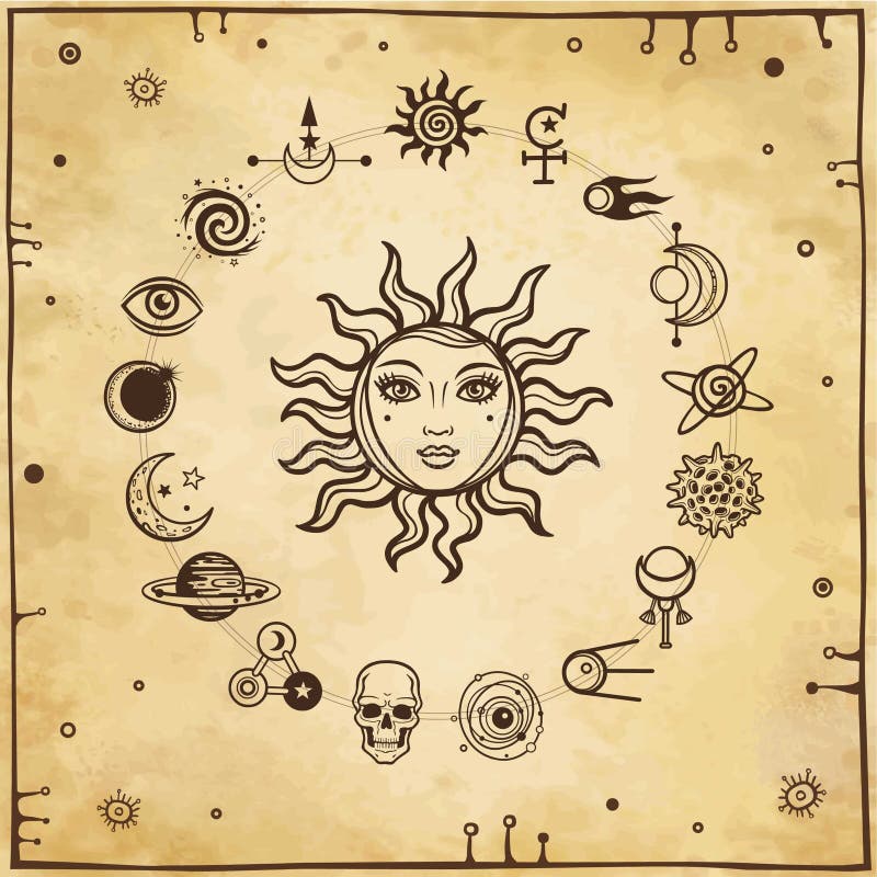 Ruimtetekening: de zon met een menselijk gezicht, reeks mystieke pictogrammen stock illustratie Ruimtetekening: de zon met een menselijk gezicht, reeks mystieke pictogrammen stock illustratie