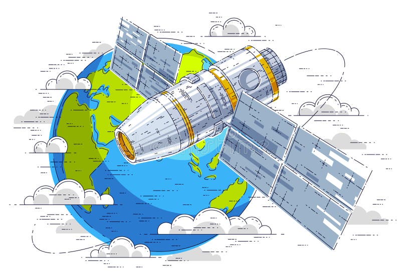 Space station orbiting around earth, spaceflight, spacecraft spaceship iss with solar panels, artificial satellite. Thin line 3d vector illustration. Space station orbiting around earth, spaceflight, spacecraft spaceship iss with solar panels, artificial satellite. Thin line 3d vector illustration