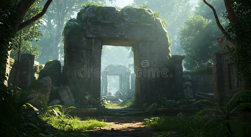 Ruinas de piedra antiguas en una densa jungla probablemente un lugar histórico en el templo. El ilustración del vector