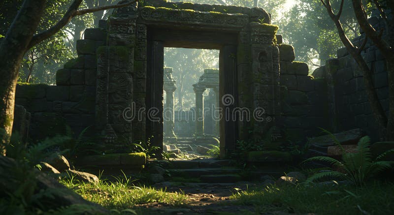 Ruinas de piedra antiguas envueltas en una densa jungla con intrincadas tallaciones en libre illustration
