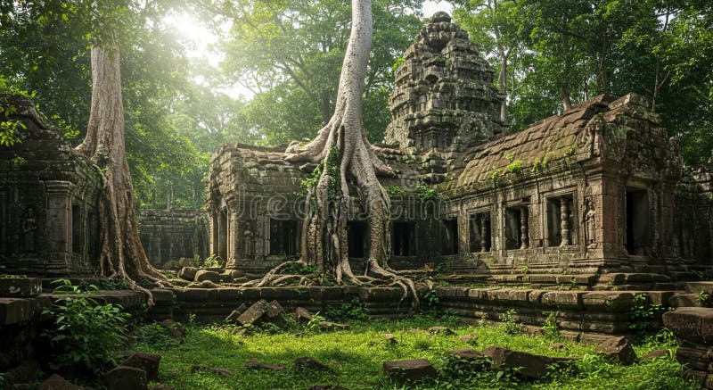 Ruinas del templo antiguo envueltas por una densa jungla probablemente en el Sudeste Asiático posiblemente parte stock de ilustración