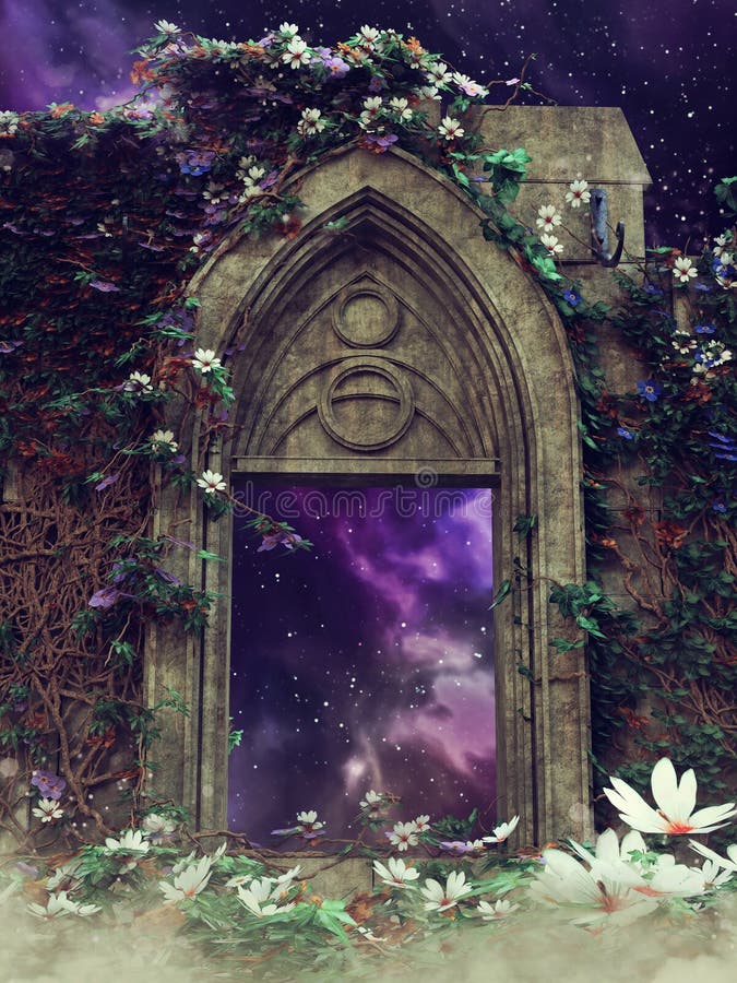 Ruine vechi cu un portal magic fantezie cu lumină violet royalty free illustration