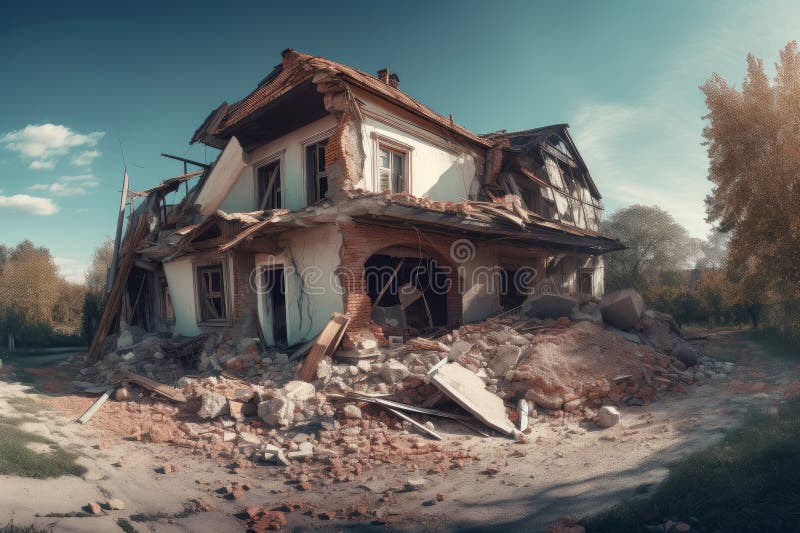 Ruined House after Earthquake. Generate Ai Stock Illustration