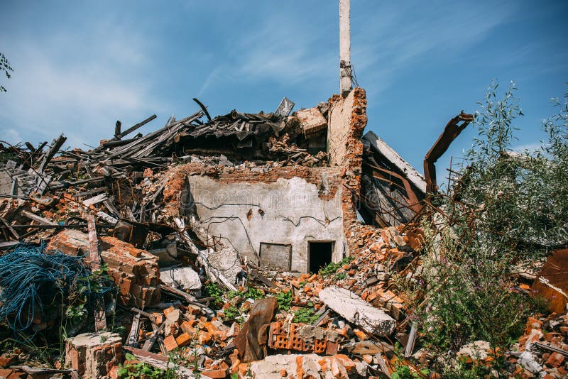 Ruined Red Brick Building Destroyed by Earthquake or Tornado or War or ...